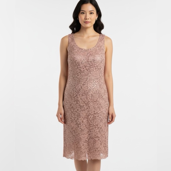 Sequin Lace Scoop Neck 3/4 SleevnSheath Chiffon Duster 2-Piece Jacket Dress 14